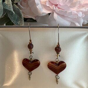 Brown Heart w/Gold & Silver Fashion Long Hook Earrings